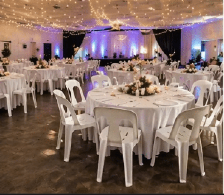 Corporate event room set up with round tables and projector screen